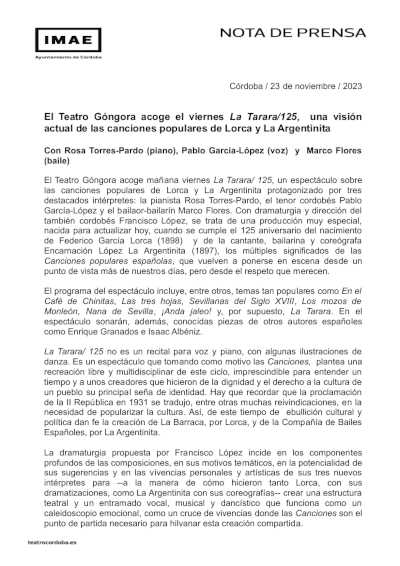 El Teatro Góngora acoge «La Tarara/125», una visión actual de las canciones populares de Lorca y La Argentinita