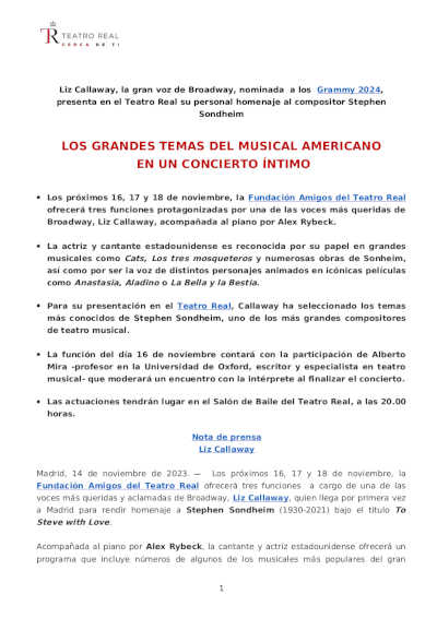 Liz Callaway, la gran voz de Broadway presenta en el Teatro Real su homenaje al compositor Stephen Sondheim