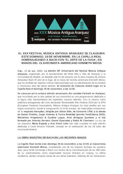 Clausura el El XXX Festival Música Antigua Aranjuez con «El arte de la fuga» a cargo del clavecinista Kenneth Weiss