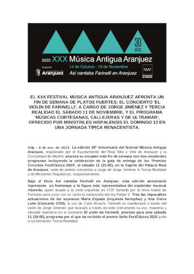 El XXX Festival Música Antigua Aranjuez afronta un fin de semana con platos fuertes