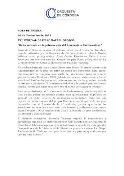 La Orquesta de Córdoba participa en el XXI Festival de Piano Rafael Orozco