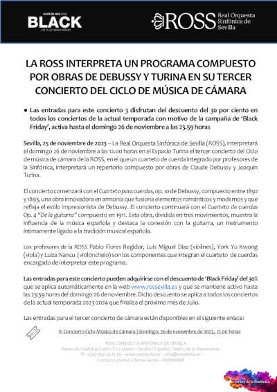 La ROSS interpreta un programa compuesto por obras de Debussy y Turina en Ciclo de Música de Cámara La ROSS interpreta un programa compuesto por obras de Debussy y Turina en Ciclo de Música de Cámara