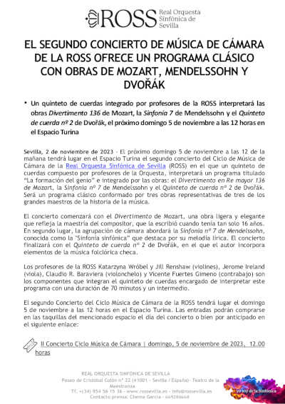 Segundo concierto de música de cámara de la ROSS ofrece un programa clásico con Mozart, Mendelssohn y Dvořák