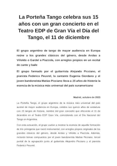 La Porteña Tango celebra sus 15 años con un gran concierto en el Teatro EDP de Gran Vía el Día del Tango