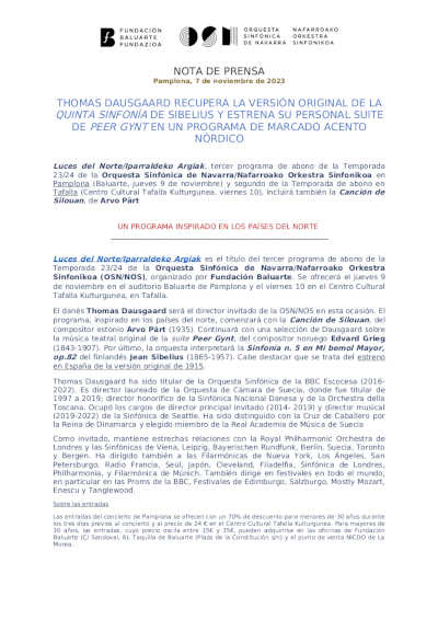 Thomas Dausgaard recupera la versión original de la Quinta Sinfonía de Sibelius Thomas Dausgaard recupera la versión original de la Quinta Sinfonía de Sibelius
