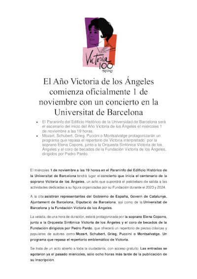El Año Victoria de los Ángeles comienza oficialmente 1 de noviembre con un concierto en la Universitat de Barcelona