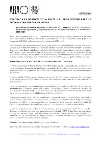 ABAO Bilbao Opera informa que ha sido aprobada la gestión de la Junta y el presupuesto 2023-2024