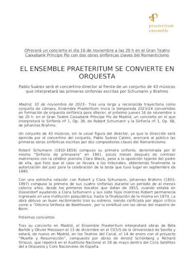 El Ensemble Praeteritum se convierte en orquesta de 43 músicos en el Gran Teatro Caixabank Príncipe Pío de Madrid