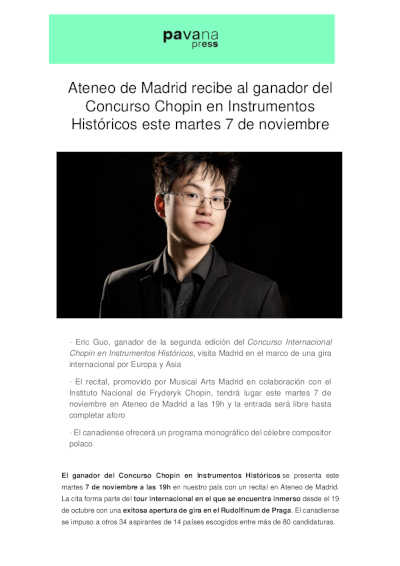 Ateneo de Madrid recibe a Eric Guo, ganador del Concurso Chopin en Instrumentos Históricos Ateneo de Madrid recibe a Eric Guo, ganador del Concurso Chopin en Instrumentos Históricos