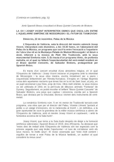 La OV y Josep Vicent interpretan obras que oscilan entre el akelarre sinfónico de Músorgski y el fatum de Chaikovski