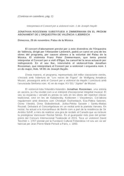 Jonathan Roozeman sustituye a Zimmermann en el próximo abono de la Orquesta de València y Liebreich