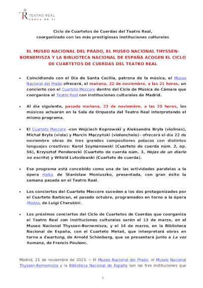 Teatro Real celebra el Día de la Música con el Ciclo de Cuartetos de Cuerdas, con las más prestigiosas instituciones culturales Teatro Real celebra el Día de la Música con el Ciclo de Cuartetos de Cuerdas, con las más prestigiosas instituciones culturales