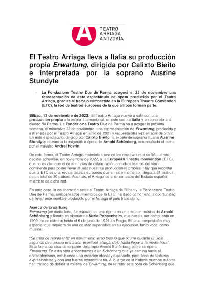 El Teatro Arriaga lleva a Italia su producción propia Erwartung, dirigida por Calixto Bieito