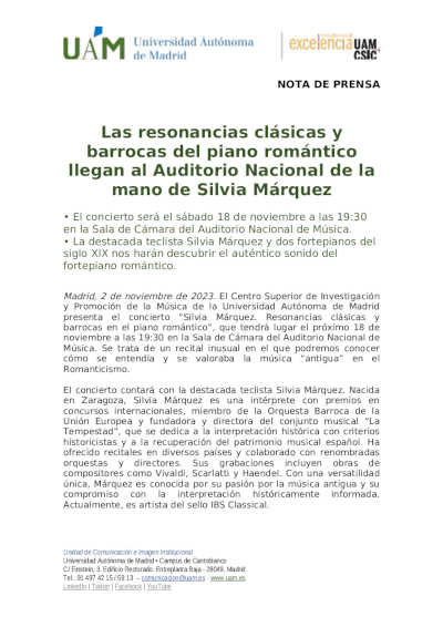 Las resonancias clásicas y barrocas del piano romántico llegan al Auditorio Nacional de la mano de Silvia Márquez