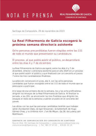 La Real Filharmonía de Galicia escogerá la próxima semana director/a asistente