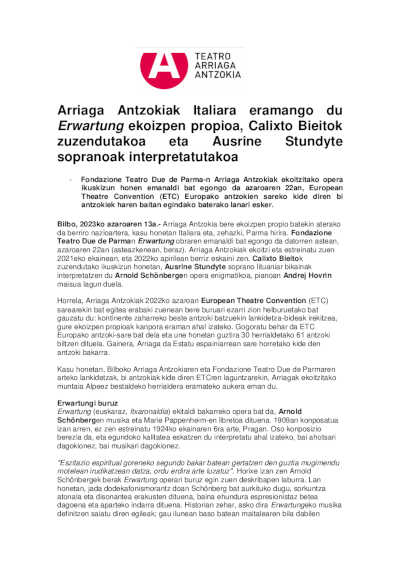 El Teatro Arriaga lleva a Italia su producción propia Erwartung, dirigida por Calixto Bieito