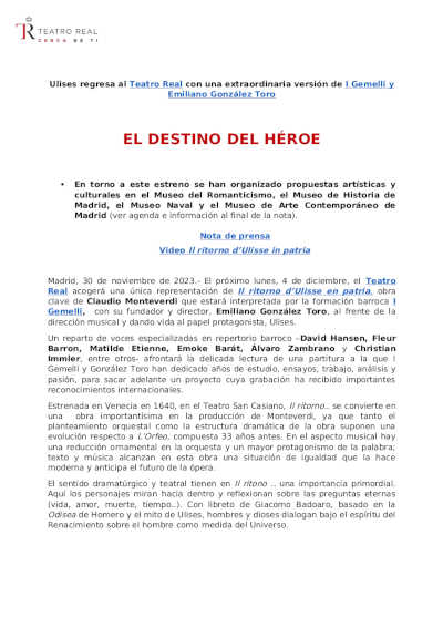 Ulises regresa al Teatro Real con una extraordinaria versión de I Gemelli y Emiliano González Toro