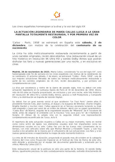 María Callas, actuación legendaria restaurada se estrena en cines por primera vez en color
