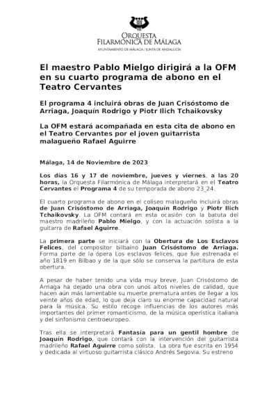 El maestro Pablo Mielgo dirigirá a la OFM en su cuarto programa de abono en el Teatro Cervantes