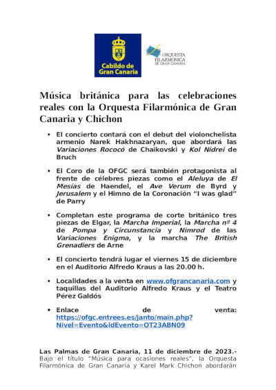 Música británica para las celebraciones reales con la Orquesta Filarmónica de Gran Canaria y Chichon Música británica para las celebraciones reales con la Orquesta Filarmónica de Gran Canaria y Chichon