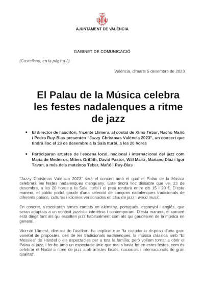 El Palau de la Música celebra las fiestas navideñas a ritmo de jazz