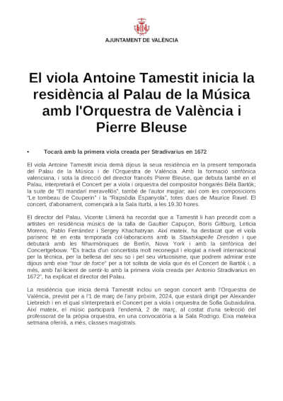 El viola Antoine Tamestit inicia su residencia en el Palau de la Música de València El viola Antoine Tamestit inicia su residencia en el Palau de la Música de València