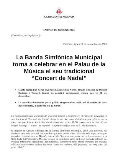 La Banda Sinfónica Municipal vuelve a celebrar en el Palau de la Música su tradicional “Concierto de Navidad”