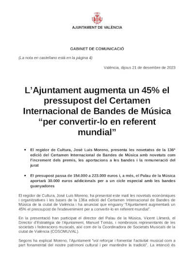 El Ayuntamiento aumenta un 45% el presupuesto del Certamen Internacional de Bandas de Música