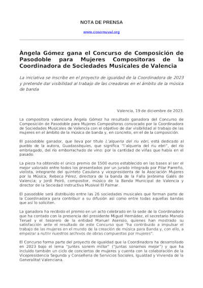 Àngela Gómez gana el Concurso de Composición de Pasodoble para Mujeres Compositoras de la Cosomuval Àngela Gómez gana el Concurso de Composición de Pasodoble para Mujeres Compositoras de la Cosomuval