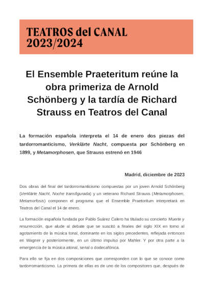 El Ensemble Praeteritum reúne la obra primeriza de Schönberg y la tardía de Strauss en Teatros del Canal