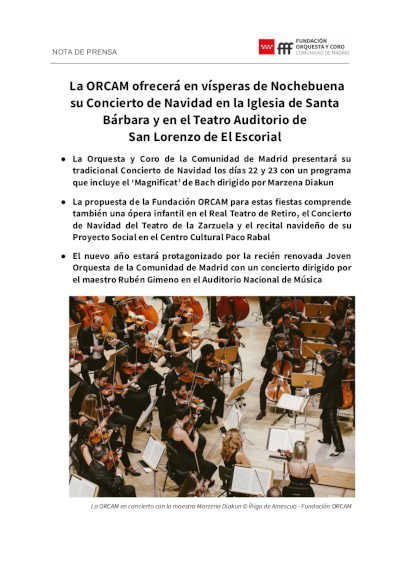La ORCAM ofrecerá en vísperas de Nochebuena su tradicional Concierto de Navidad