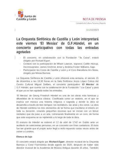 La Orquesta Sinfónica de Castilla y León interpretará este viernes «El Mesías» de G.F.Händel, en un concierto participativo