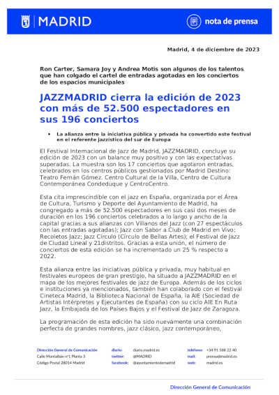 JAZZMADRID cierra la edición de 2023 con más de 52.500 espectadores en sus 196 conciertos