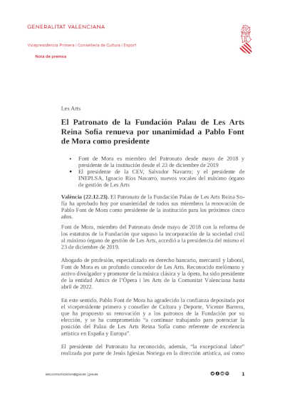 El Patronato de la Fundación Palau de Les Arts Reina Sofía renueva por unanimidad a Pablo Font de Mora como presidente