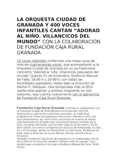La Orquesta Ciudad de Granada y 400 voces infantiles cantan «Adorad al niño. Villancicos del mundo»