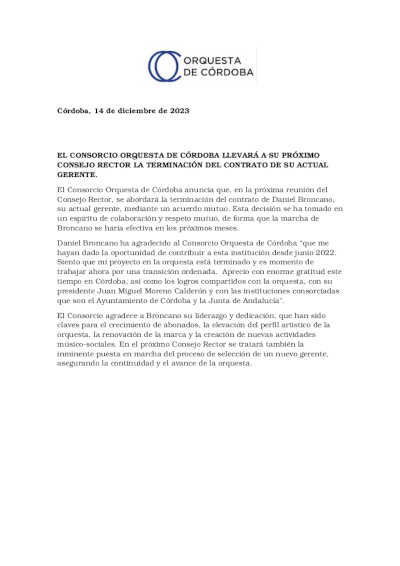El Consorcio Orquesta de Córdoba llevará al Consejo Rector la terminacioón del contrato de su actual gerente
