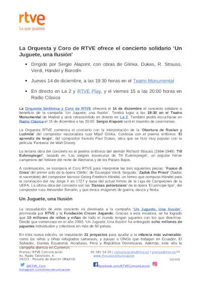 La Orquesta Sinfónica y Coro RTVE ofrece el concierto solidario de la campaña «Un juguete, Una ilusión»