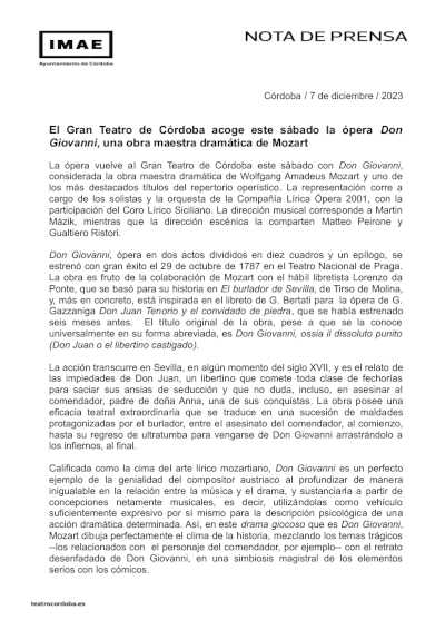 El Gran Teatro de Córdoba acoge este sábado la ópera Don Giovanni, una obra maestra dramática de Mozart El Gran Teatro de Córdoba acoge este sábado la ópera Don Giovanni, una obra maestra dramática de Mozart