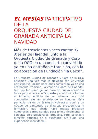 El Mesías participativo de la Orquesta Ciudad de Granada anticipa la Navidad