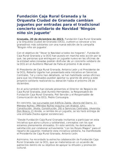Fundación Caja Rural Granada y la Orquesta Ciudad de Granada cambian juguetes por entradas