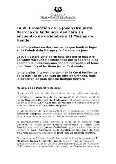 La VII Promoción de la Joven Orquesta Barroca de Andalucía dedicará su encuentro de diciembre a El Mesías de Händel