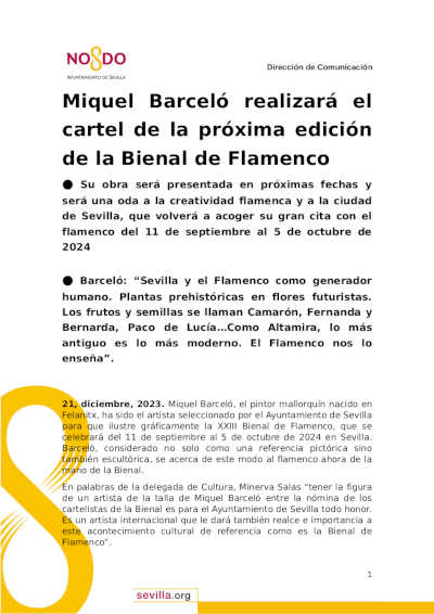 Miquel Barceló realizará el cartel de la próxima edición de la Bienal de Flamenco Miquel Barceló realizará el cartel de la próxima edición de la Bienal de Flamenco