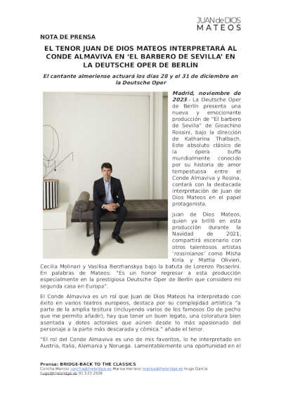 El tenor Juan de Dios Mateos actuará en la Deutsche Oper de Berlín en «El barbero de Sevilla» El tenor Juan de Dios Mateos actuará en la Deutsche Oper de Berlín en «El barbero de Sevilla»