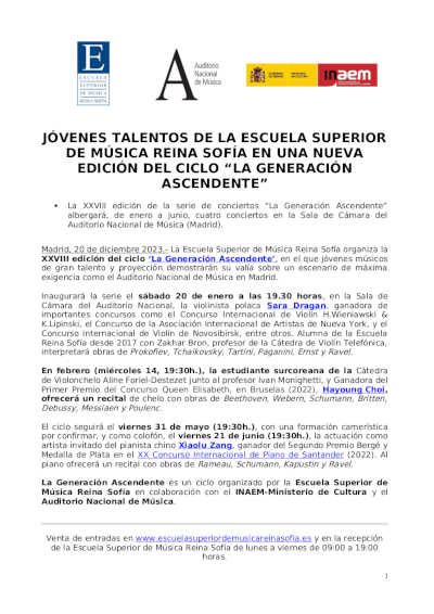 Jóvenes talentos de la Escuela Superior de Música Reina Sofía en una nueva edición del ciclo «La Generación Ascendente»