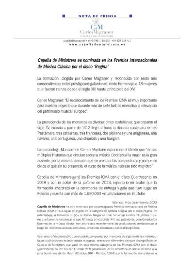 Capella de Ministrers está nominada en los Premios Internacionales de Música Clásica por el disco «Regina»