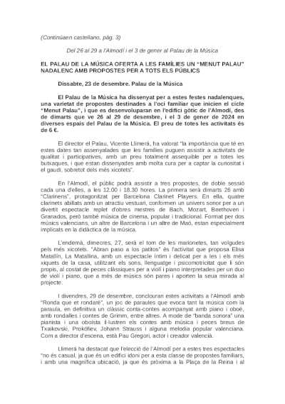 El Palau de la Música oferta a familias un «Menut Palau» navideño con propuestas para todos los públicos El Palau de la Música oferta a familias un «Menut Palau» navideño con propuestas para todos los públicos