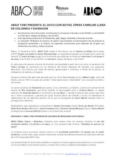 ABAO Txiki presenta «El gato con botas», ópera familiar llena de colorido y diversión