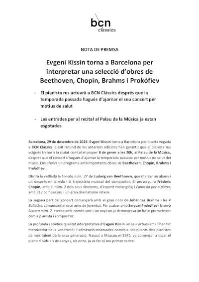 Evgeny Kissin vuelve a Barcelona para interpretar una selección de obras de Beethoven, Chopin, Brahms y Prokófiev
