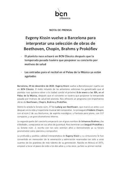 Evgeny Kissin vuelve a Barcelona para interpretar una selección de obras de Beethoven, Chopin, Brahms y Prokófiev