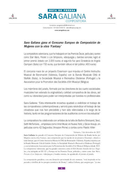 Sara Galiana gana el Concurso Europeo de Composición de Mujeres con la obra «Fantasy» Sara Galiana gana el Concurso Europeo de Composición de Mujeres con la obra «Fantasy»